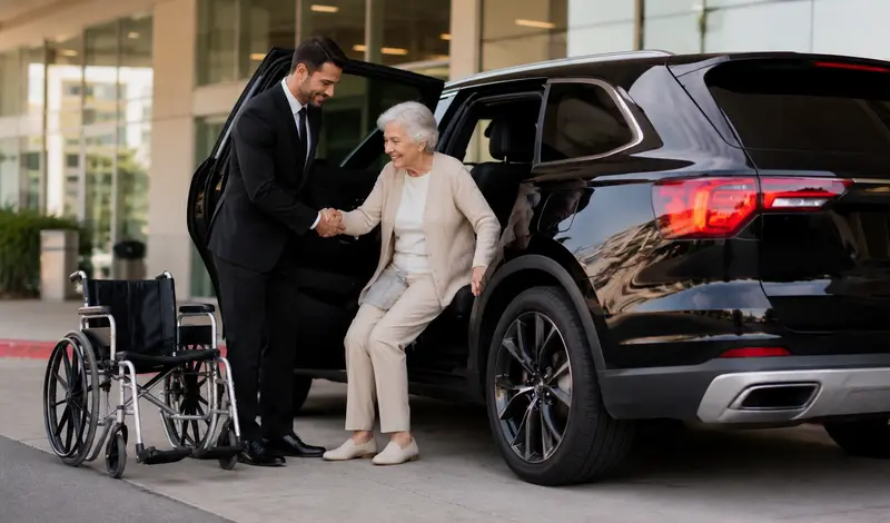 Luxury non-emergency medical transportation with chauffeur assisting a senior passenger outside a Houston medical facility.